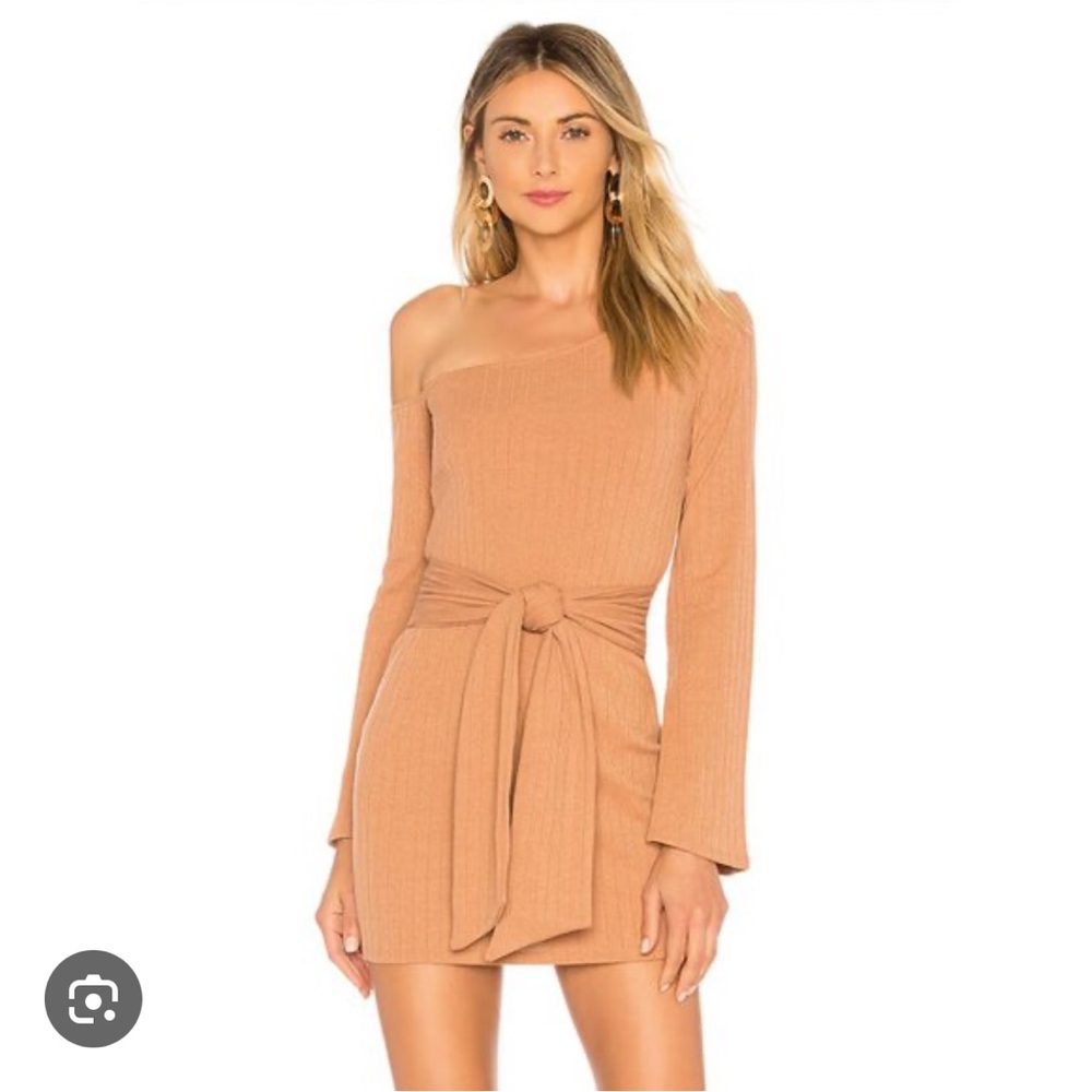 Privacy Please One-Sleeve Tan Mini Dress
